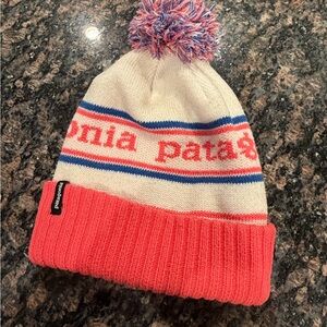 Patagonia Kids' White and Pink Beanie with Pom-Pom